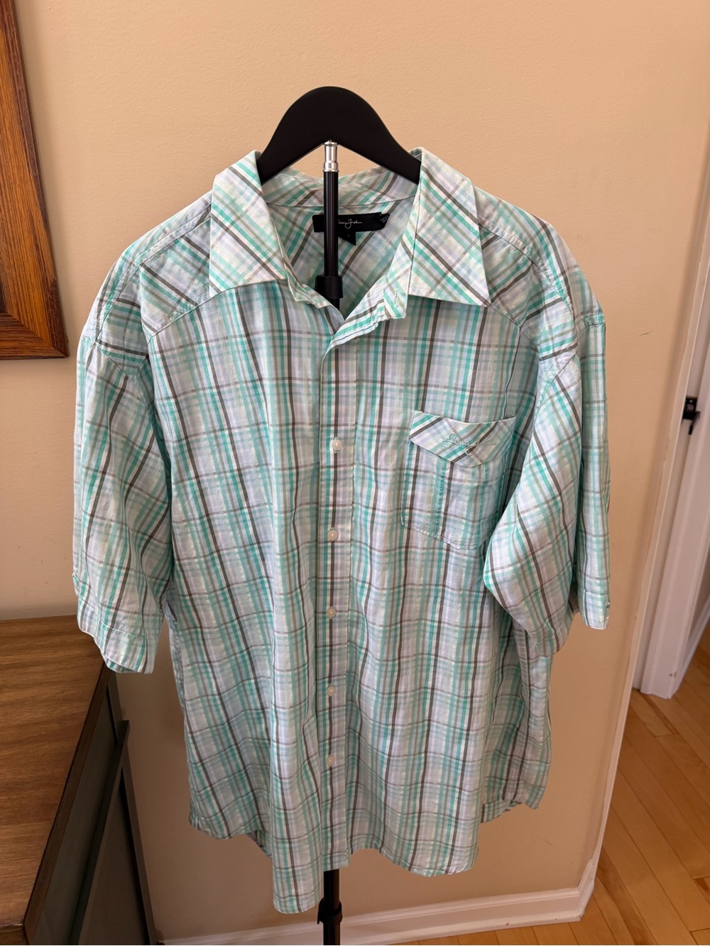 Sean John Plaid Shirt 3XL Green Blue Short Sleeve Button Up